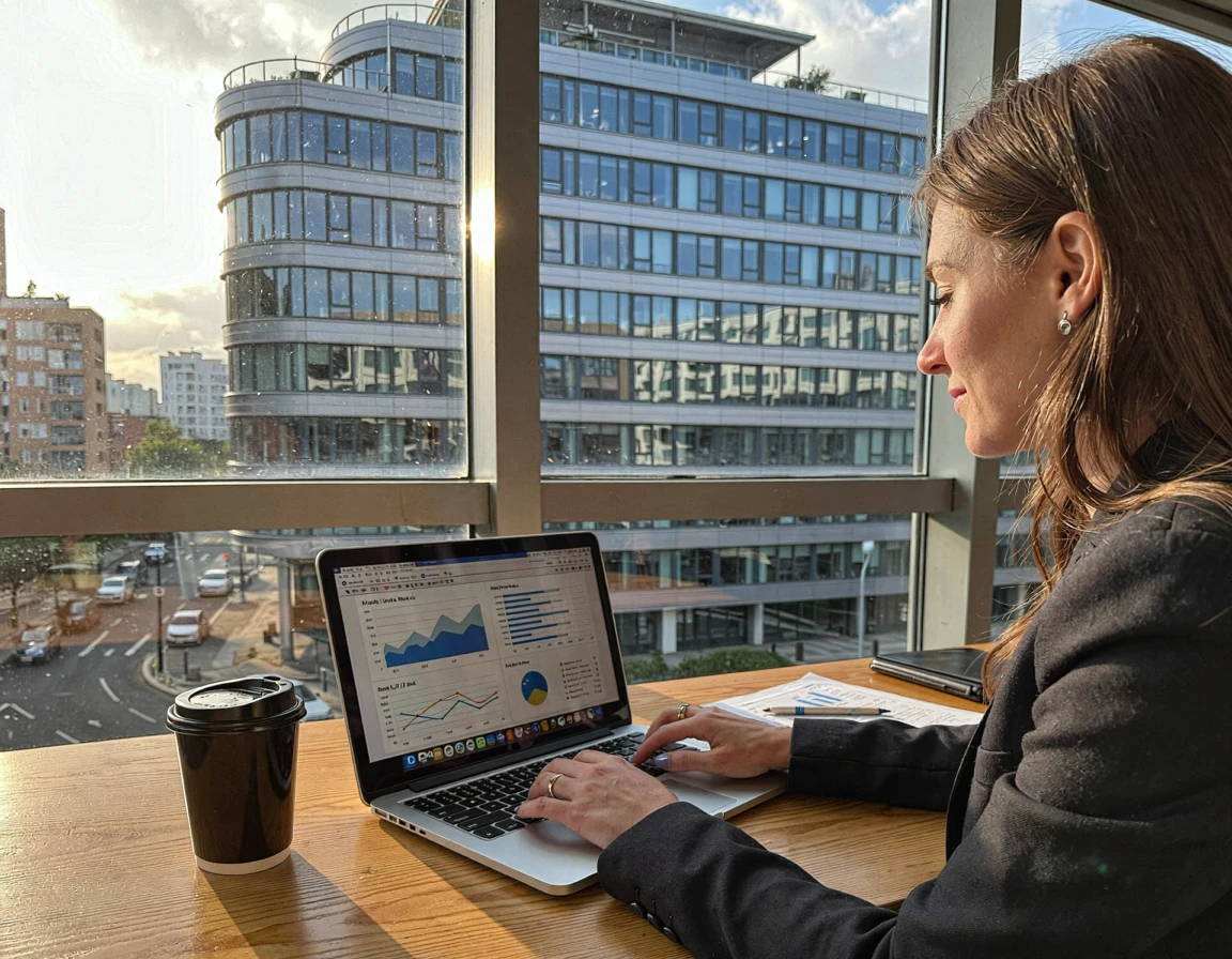 Modern office with laptop showing sales charts and graphs, representing successful dropshipping business